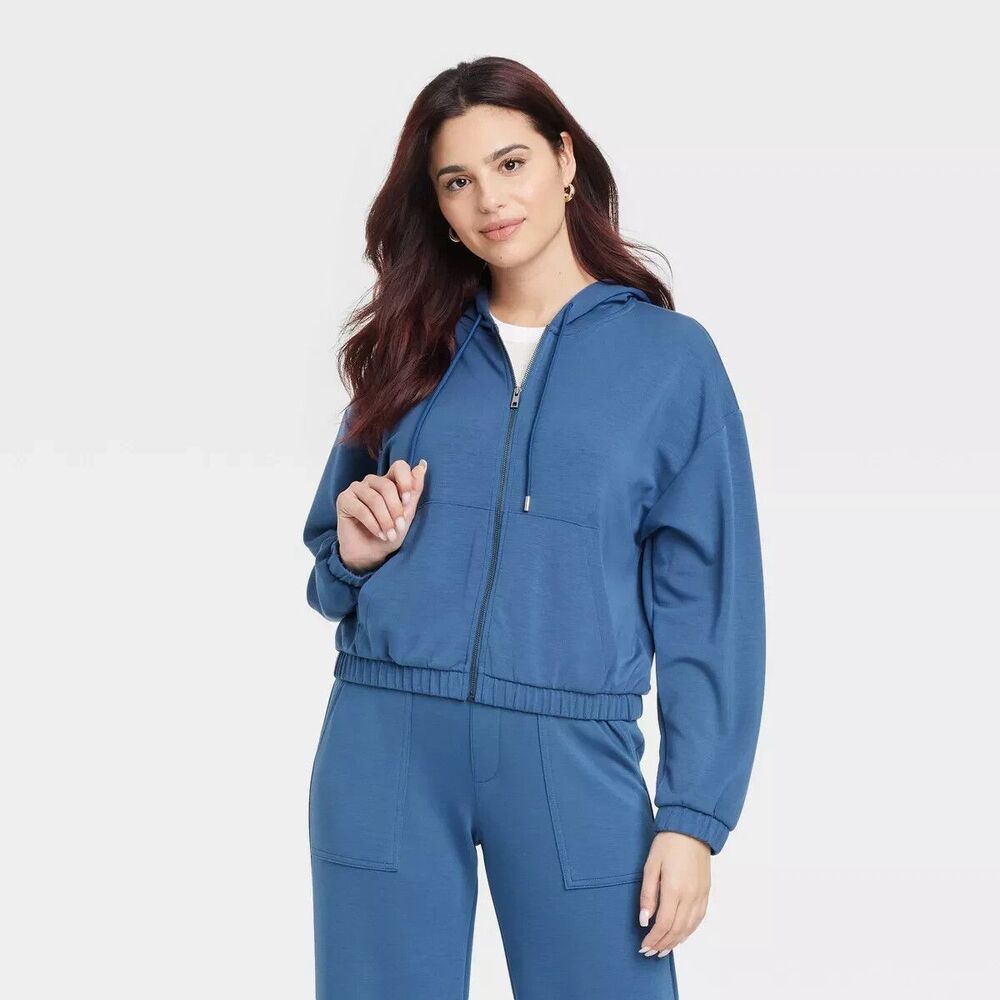 A New Day Sandwash Hooded Zip-Up Sweatshirt - Blue - Womens Medium Large NEW